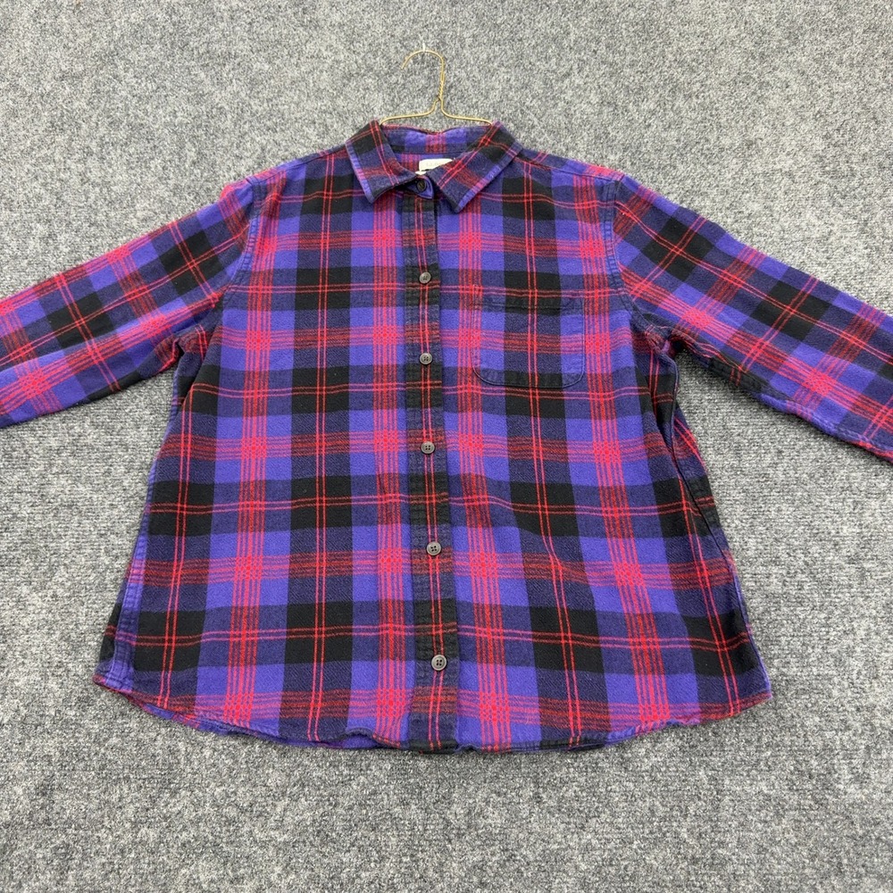 LL Bean Flannel Shirt Womens S Purple Red Black Plaid Relaxed Fit Casual